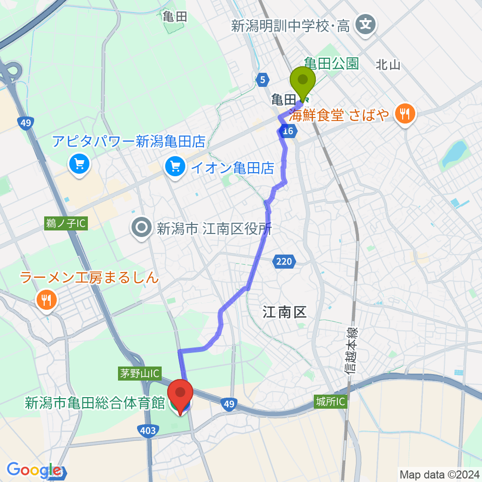 亀田総合体育館の最寄駅亀田駅からの徒歩ルート（約42分）地図