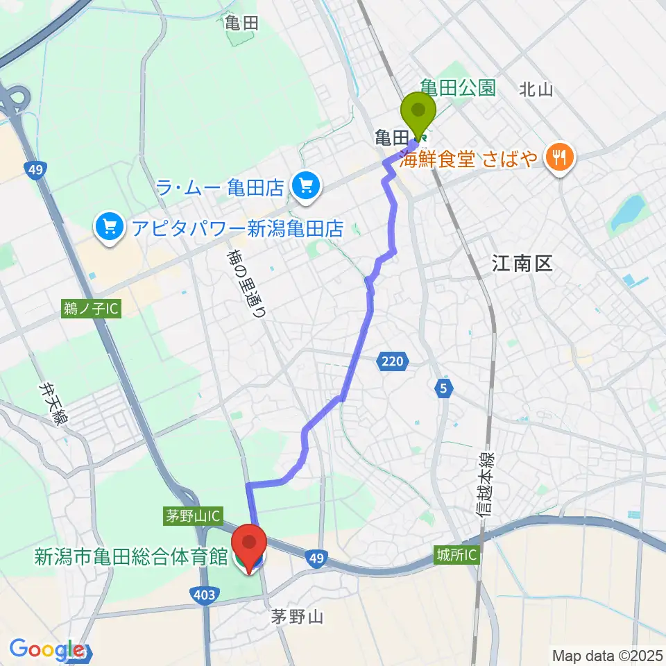 亀田総合体育館の最寄駅亀田駅からの徒歩ルート（約42分）地図