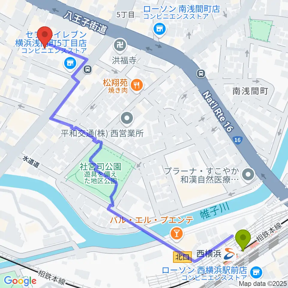 西横浜駅から天王町スタジオオリーブへのルートマップ地図