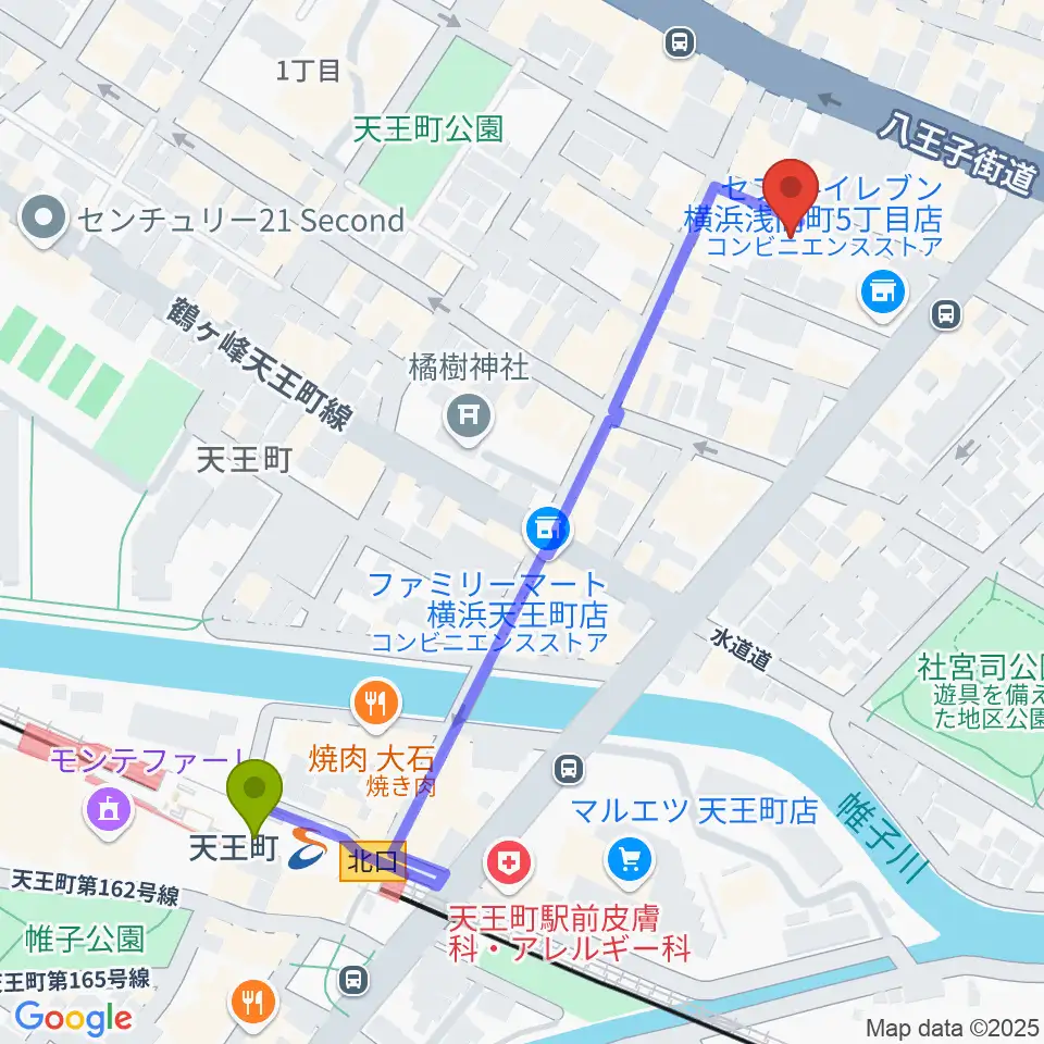 天王町スタジオオリーブの最寄駅天王町駅からの徒歩ルート（約6分）地図