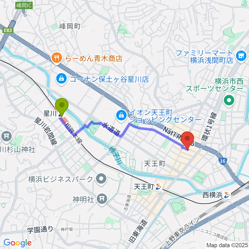 星川駅から天王町スタジオオリーブへのルートマップ地図