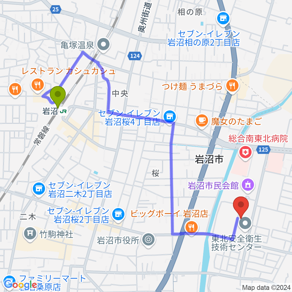 岩沼市総合体育館ビッグアリーナの最寄駅岩沼駅からの徒歩ルート（約22分）地図