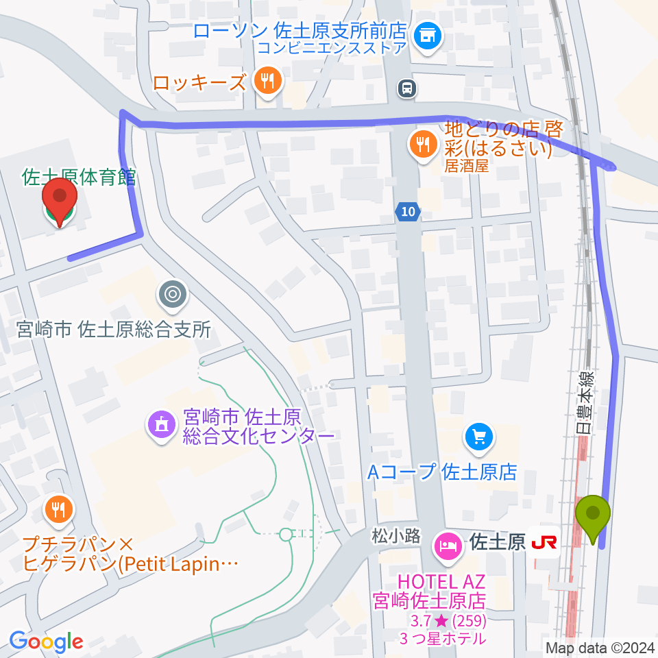 宮崎市佐土原体育館の最寄駅佐土原駅からの徒歩ルート（約8分）地図