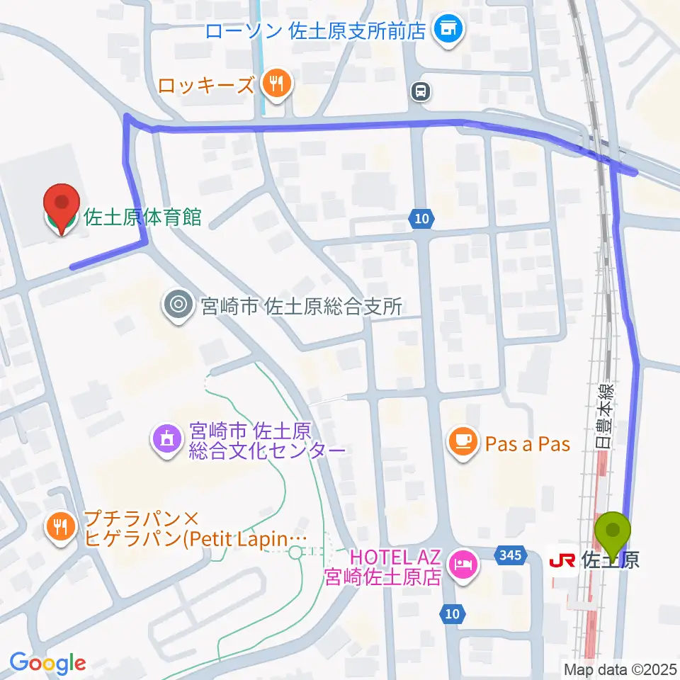 宮崎市佐土原体育館の最寄駅佐土原駅からの徒歩ルート（約8分）地図