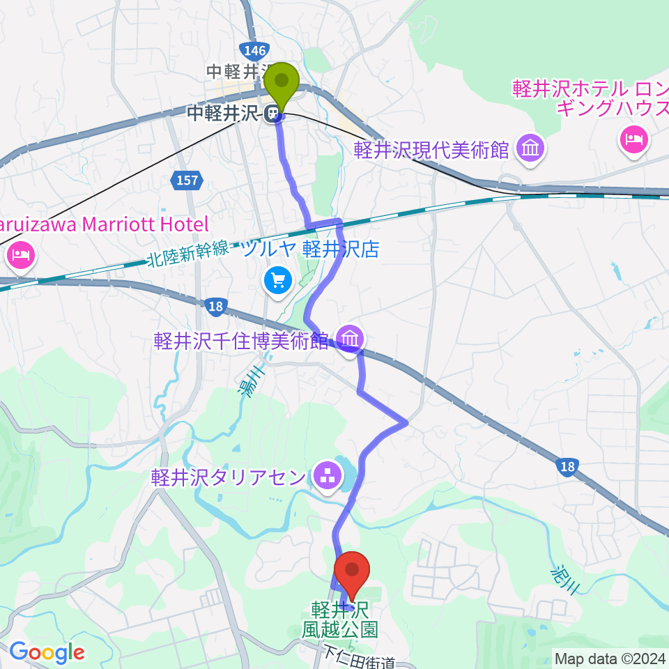 風越公園総合体育館の最寄駅中軽井沢駅からの徒歩ルート（約45分）地図