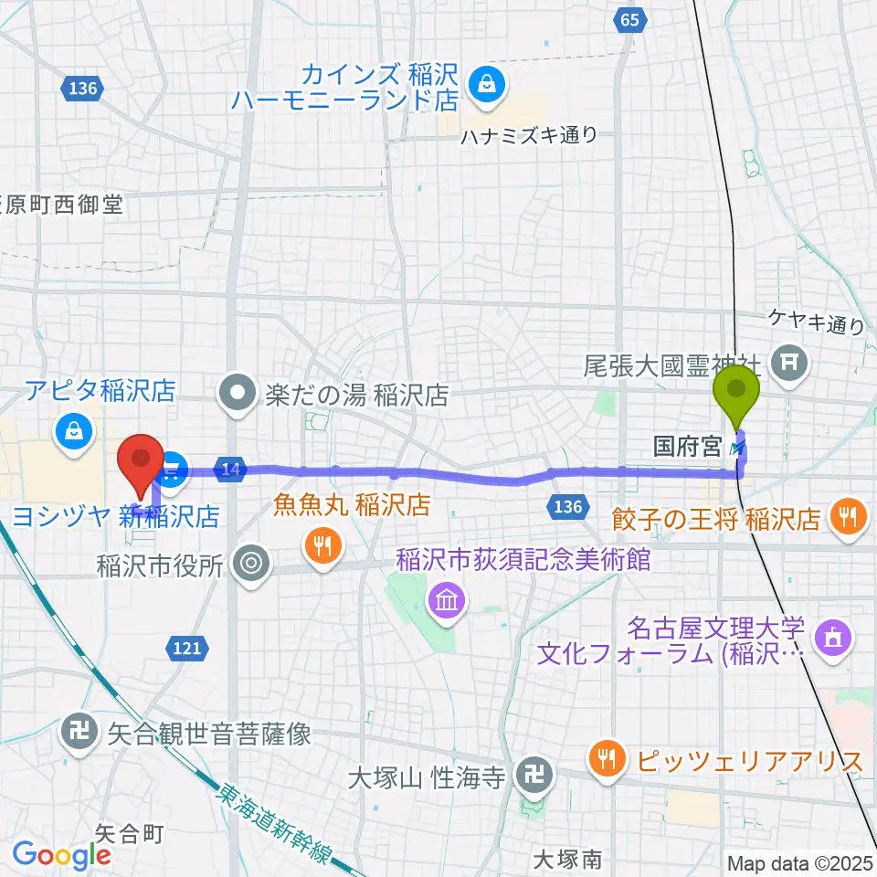 尾西信金いなざわアリーナの最寄駅国府宮駅からの徒歩ルート（約43分）地図