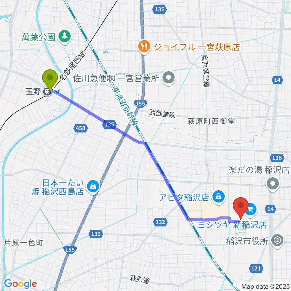 玉野駅から尾西信金いなざわアリーナへのルートマップ地図