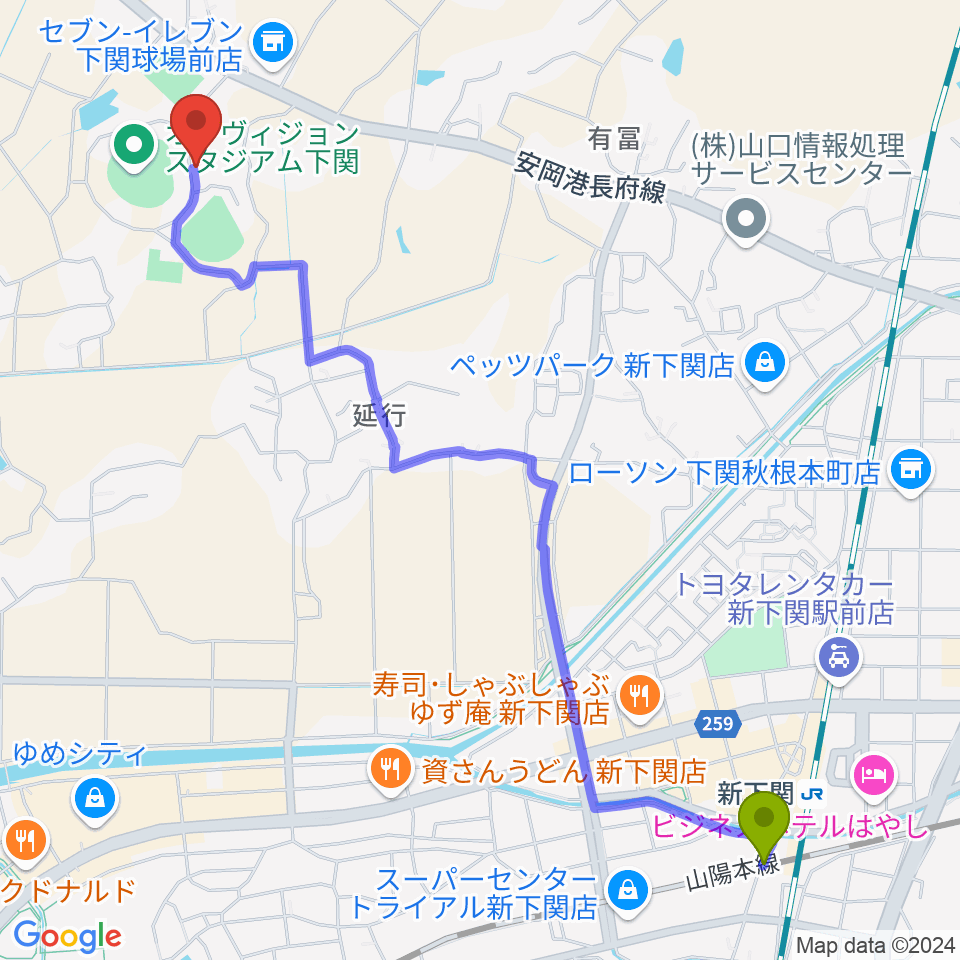 新下関駅から山口県立下関武道館へのルートマップ地図