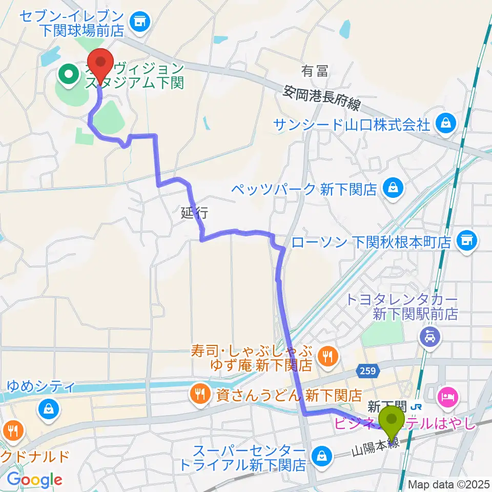 新下関駅から山口県立下関武道館へのルートマップ地図