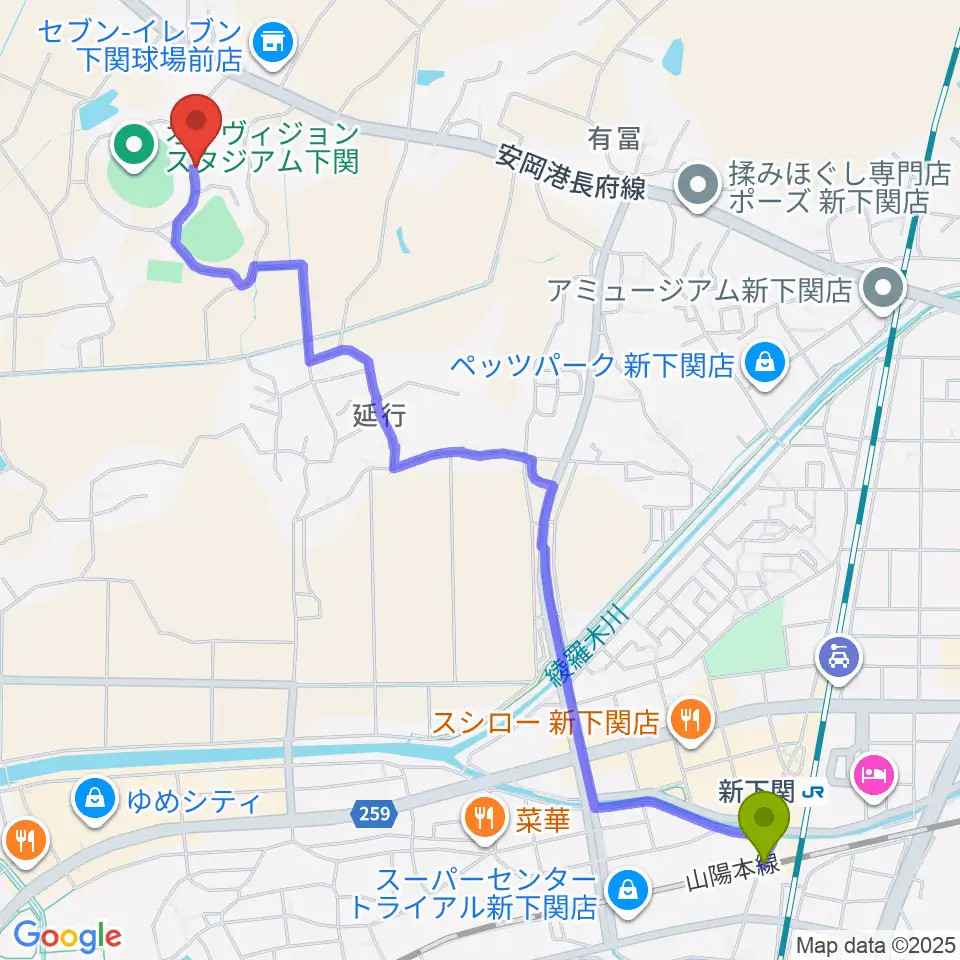 新下関駅から山口県立下関武道館へのルートマップ地図