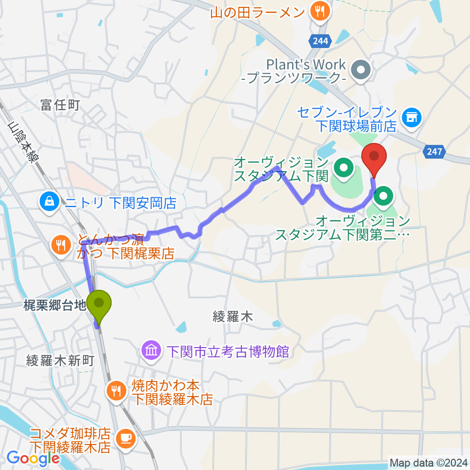 山口県立下関武道館の最寄駅梶栗郷台地駅からの徒歩ルート（約21分）地図