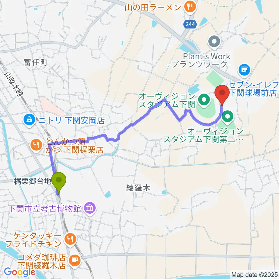 山口県立下関武道館の最寄駅梶栗郷台地駅からの徒歩ルート（約21分）地図