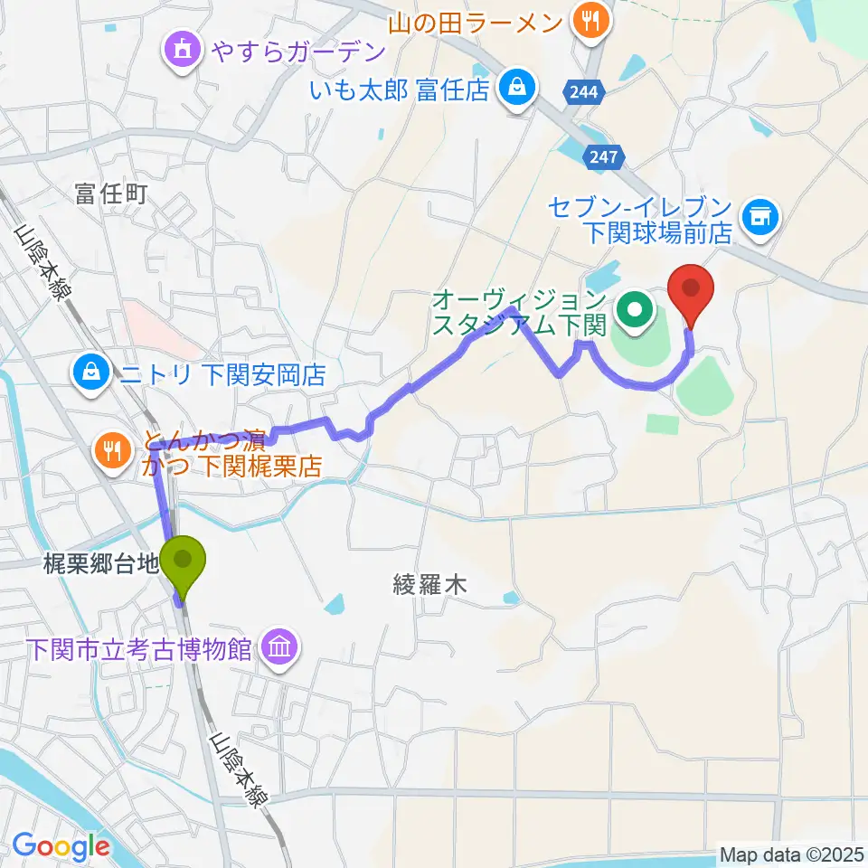 山口県立下関武道館の最寄駅梶栗郷台地駅からの徒歩ルート（約21分）地図