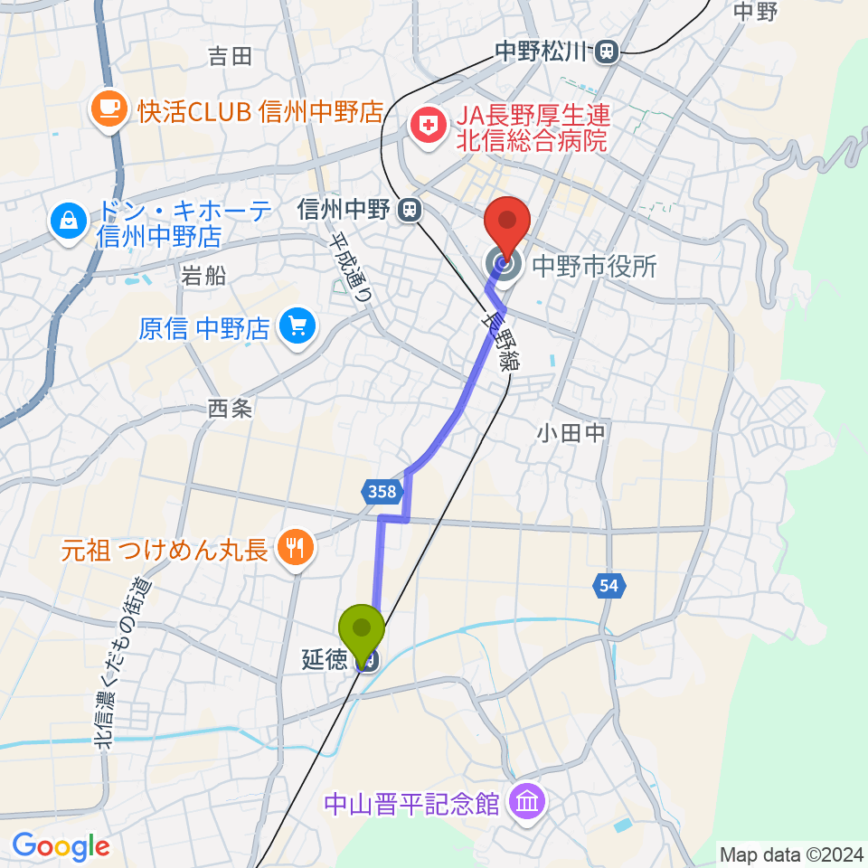 延徳駅から中野市市民会館 ソソラホールへのルートマップ地図