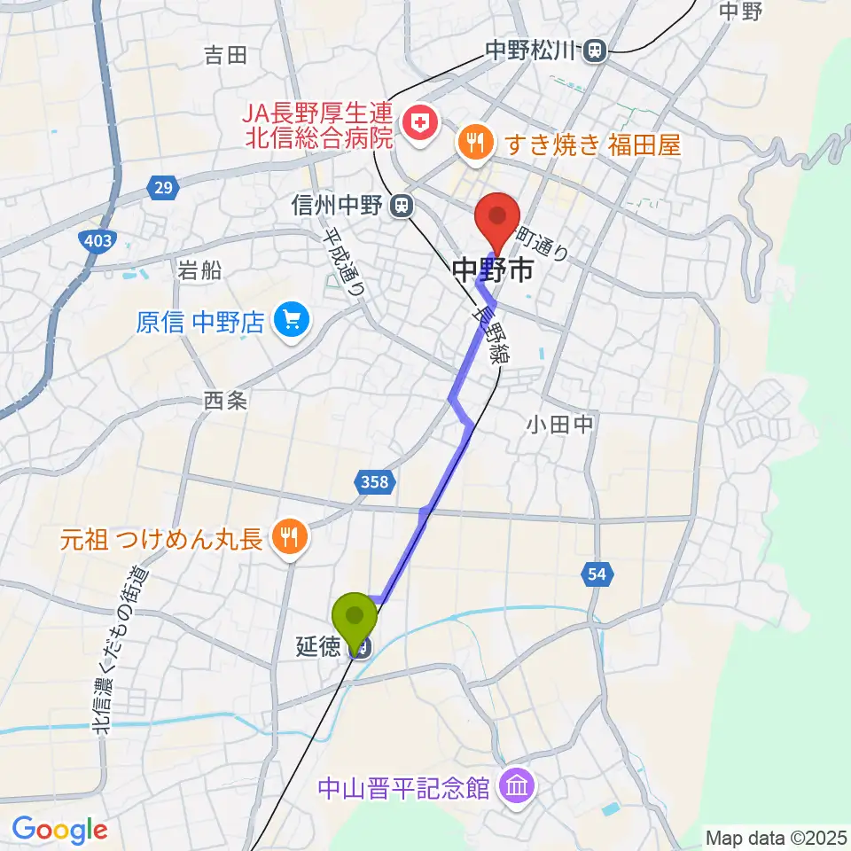 延徳駅から中野市市民会館 ソソラホールへのルートマップ地図