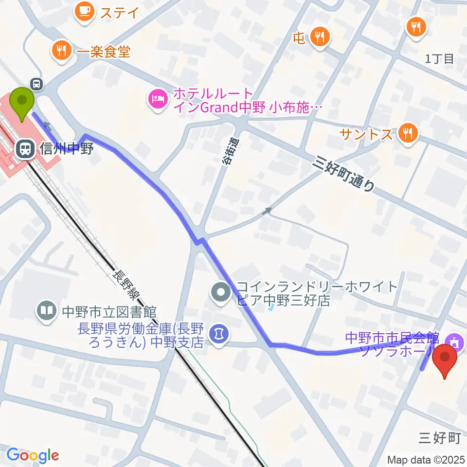 中野市市民会館 ソソラホールの最寄駅信州中野駅からの徒歩ルート（約8分）地図