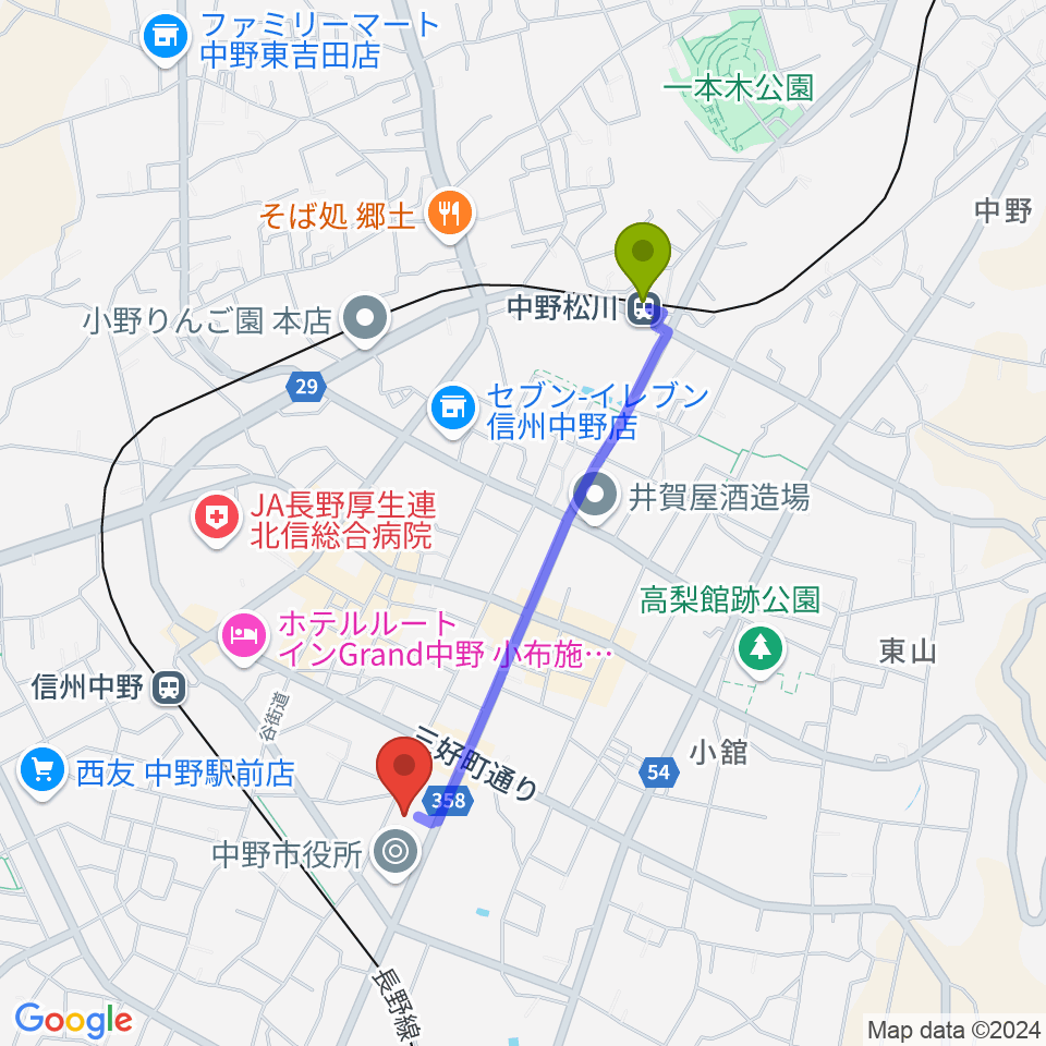 中野松川駅から中野市市民会館 ソソラホールへのルートマップ地図