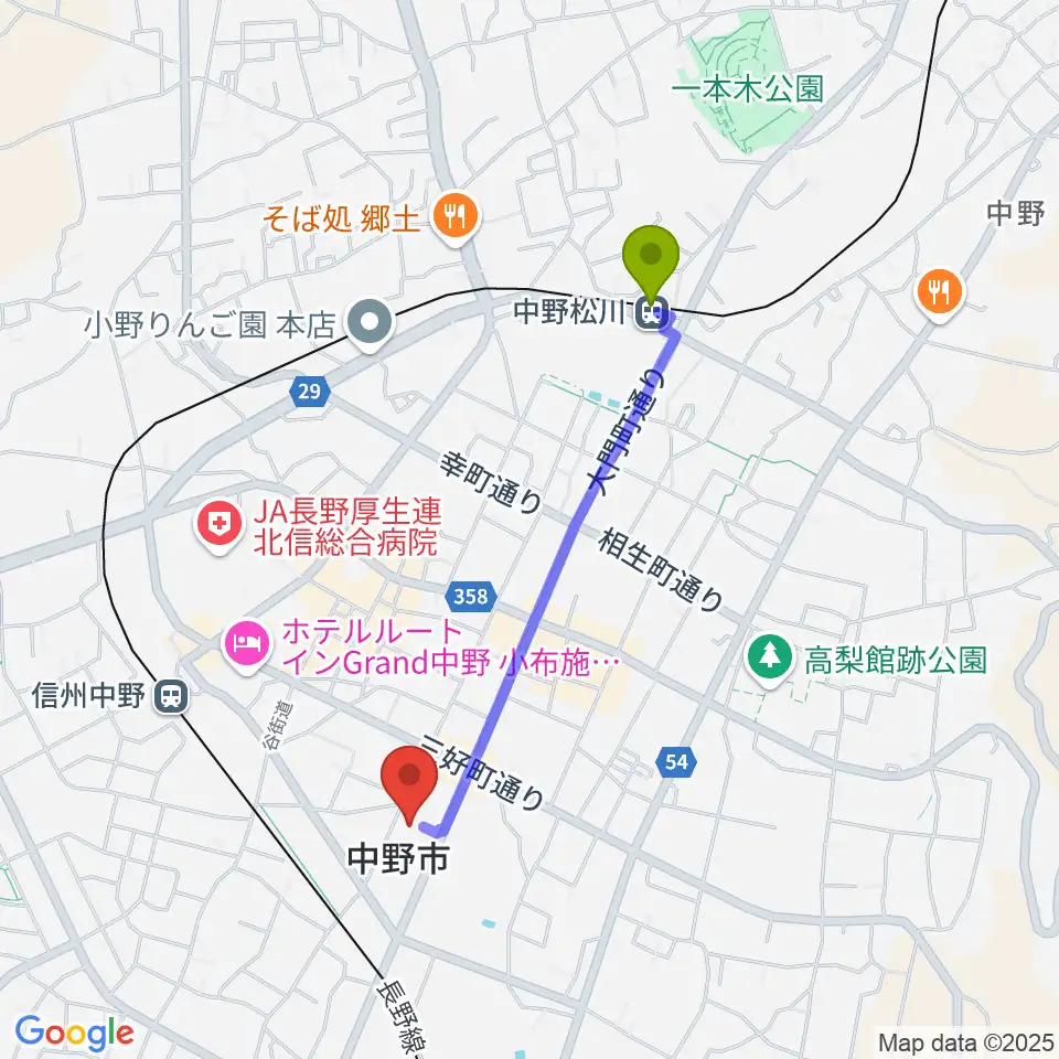 中野松川駅から中野市市民会館 ソソラホールへのルートマップ地図