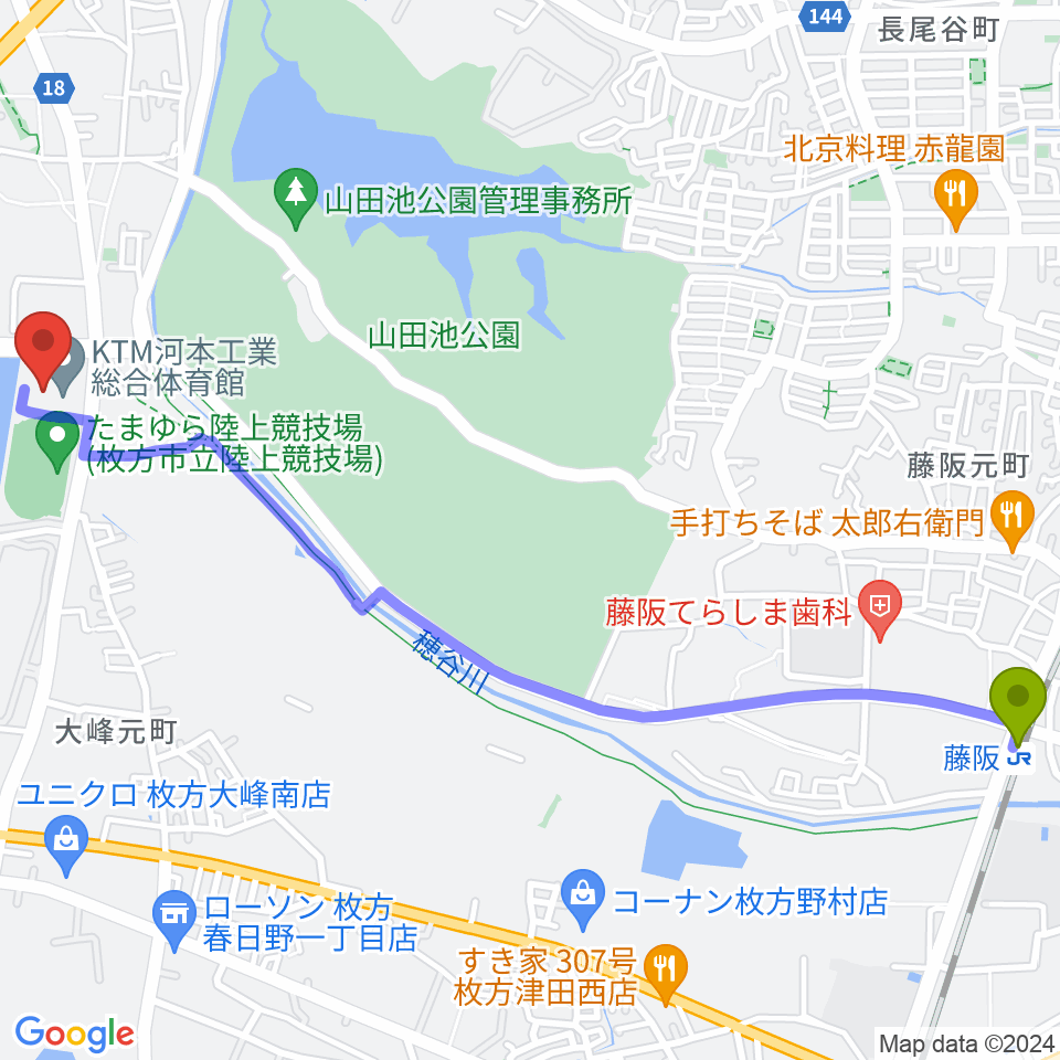 KTM河本工業総合体育館の最寄駅藤阪駅からの徒歩ルート（約31分）地図