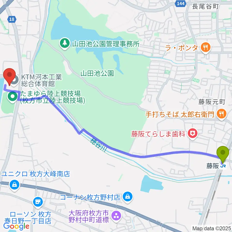 KTM河本工業総合体育館の最寄駅藤阪駅からの徒歩ルート（約31分）地図