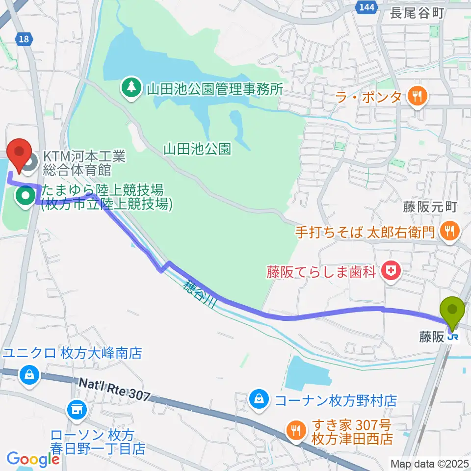 KTM河本工業総合体育館の最寄駅藤阪駅からの徒歩ルート（約31分）地図