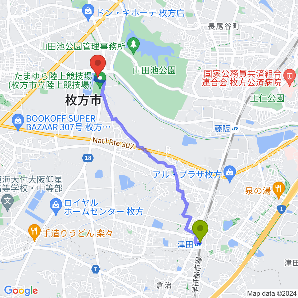 津田駅からKTM河本工業総合体育館へのルートマップ地図