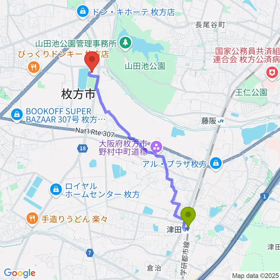 津田駅からKTM河本工業総合体育館へのルートマップ地図