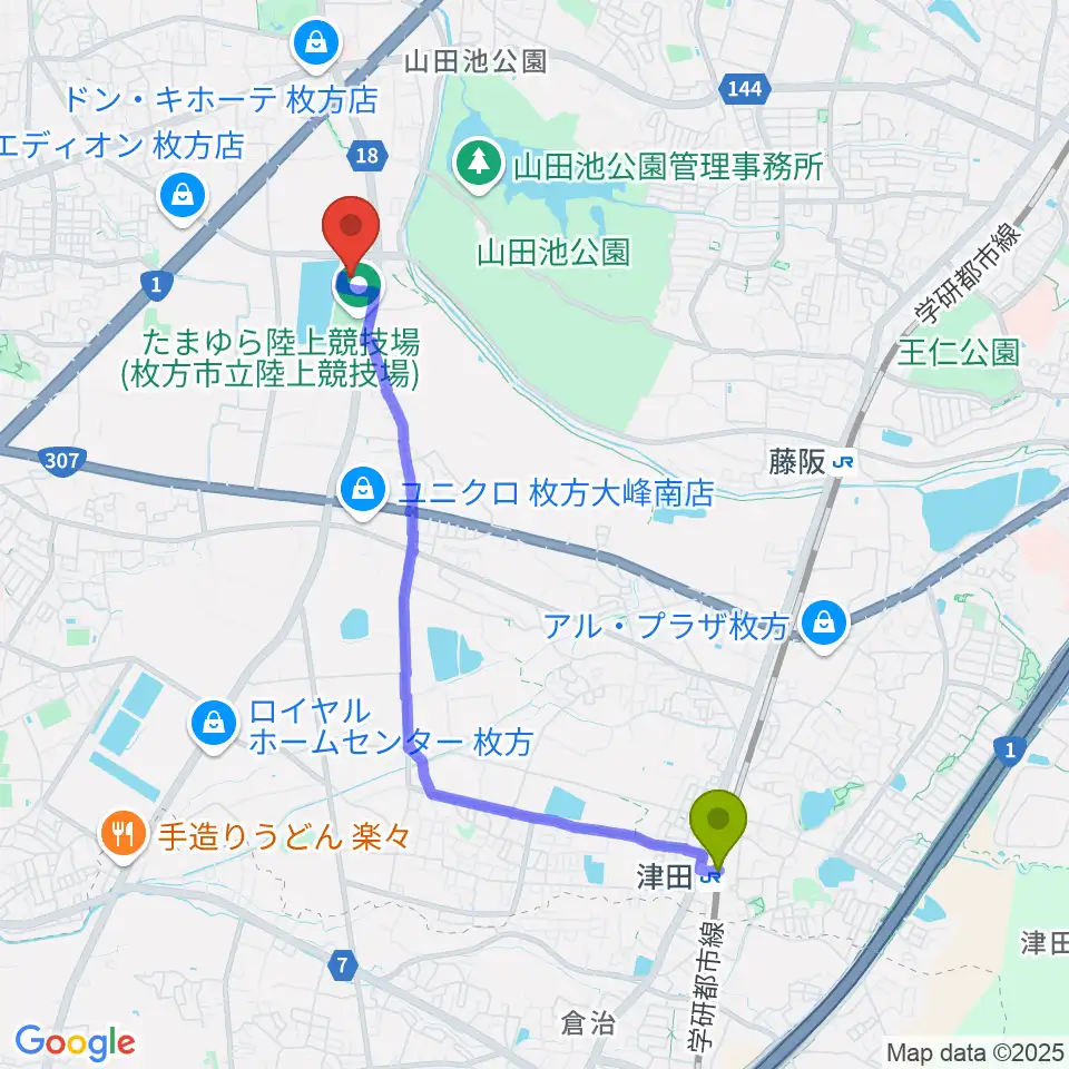 津田駅からKTM河本工業総合体育館へのルートマップ地図
