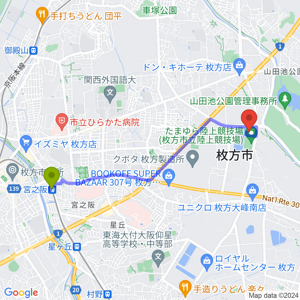 宮之阪駅からKTM河本工業総合体育館へのルートマップ地図
