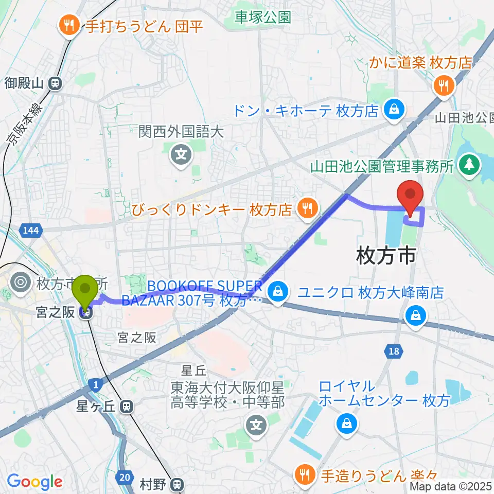 宮之阪駅からKTM河本工業総合体育館へのルートマップ地図