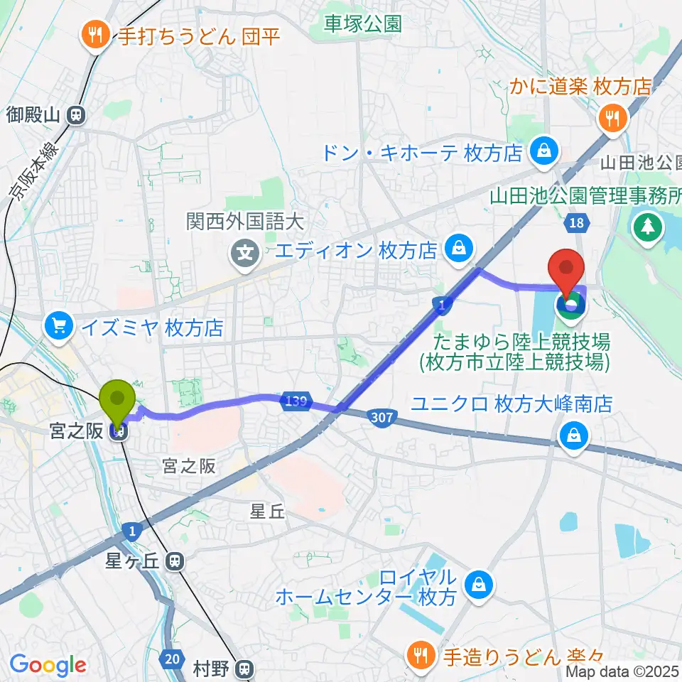 宮之阪駅からKTM河本工業総合体育館へのルートマップ地図