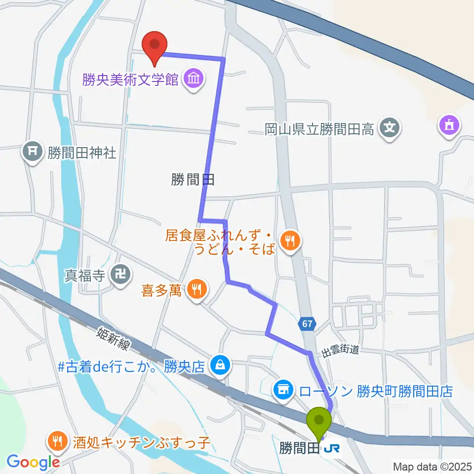 勝央文化ホールの最寄駅勝間田駅からの徒歩ルート（約14分）地図