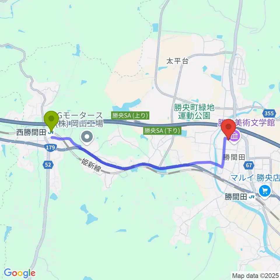 西勝間田駅から勝央文化ホールへのルートマップ地図