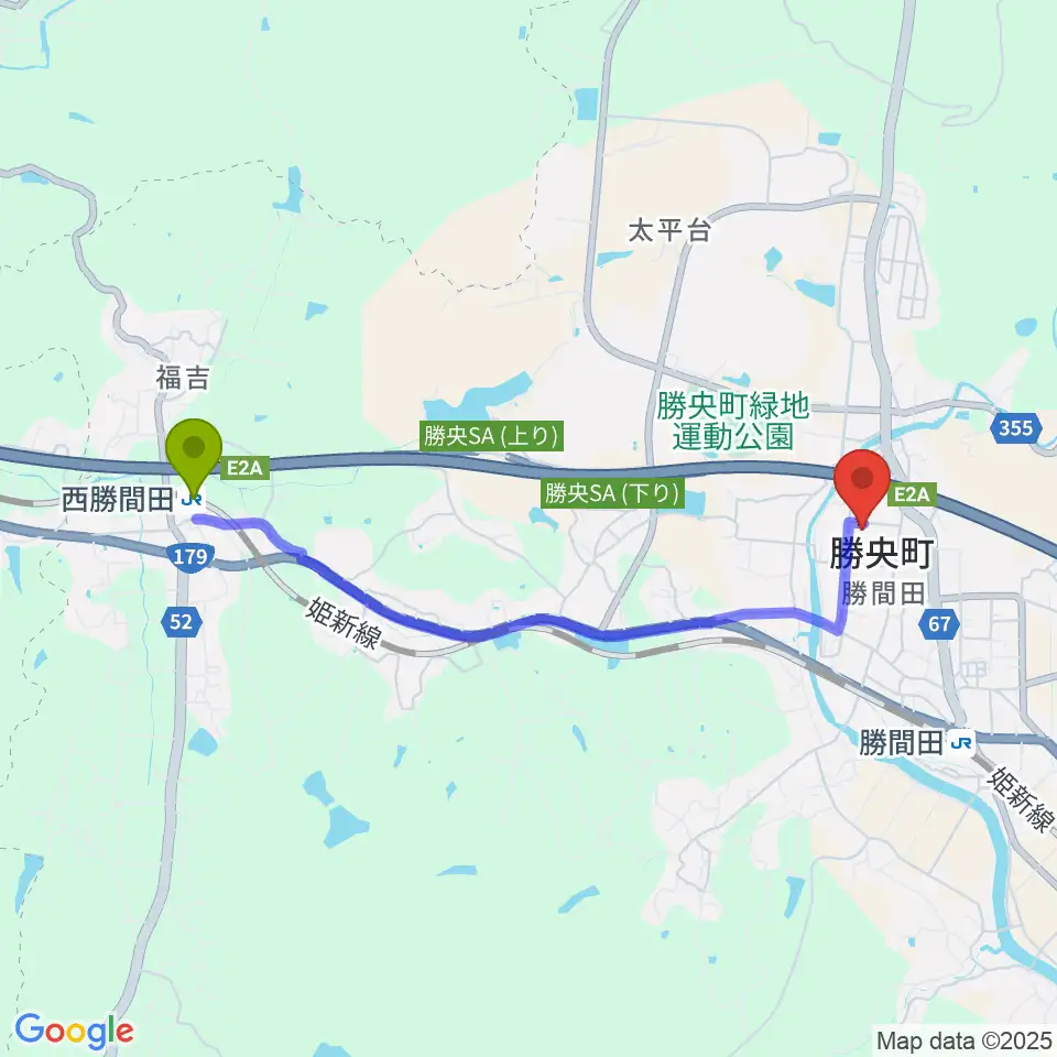 西勝間田駅から勝央文化ホールへのルートマップ地図