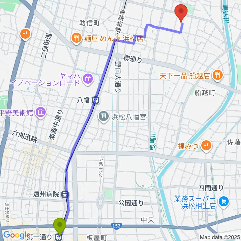 第一通り駅から新津プロソニックスタジオへのルートマップ地図