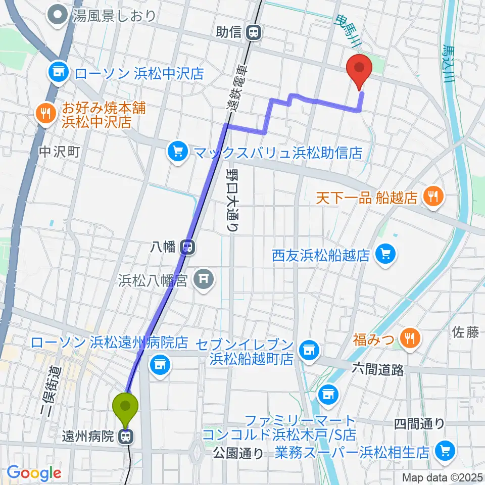 遠州病院駅から新津プロソニックスタジオへのルートマップ地図