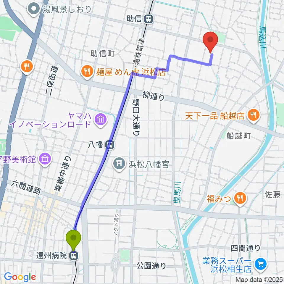 遠州病院駅から新津プロソニックスタジオへのルートマップ地図