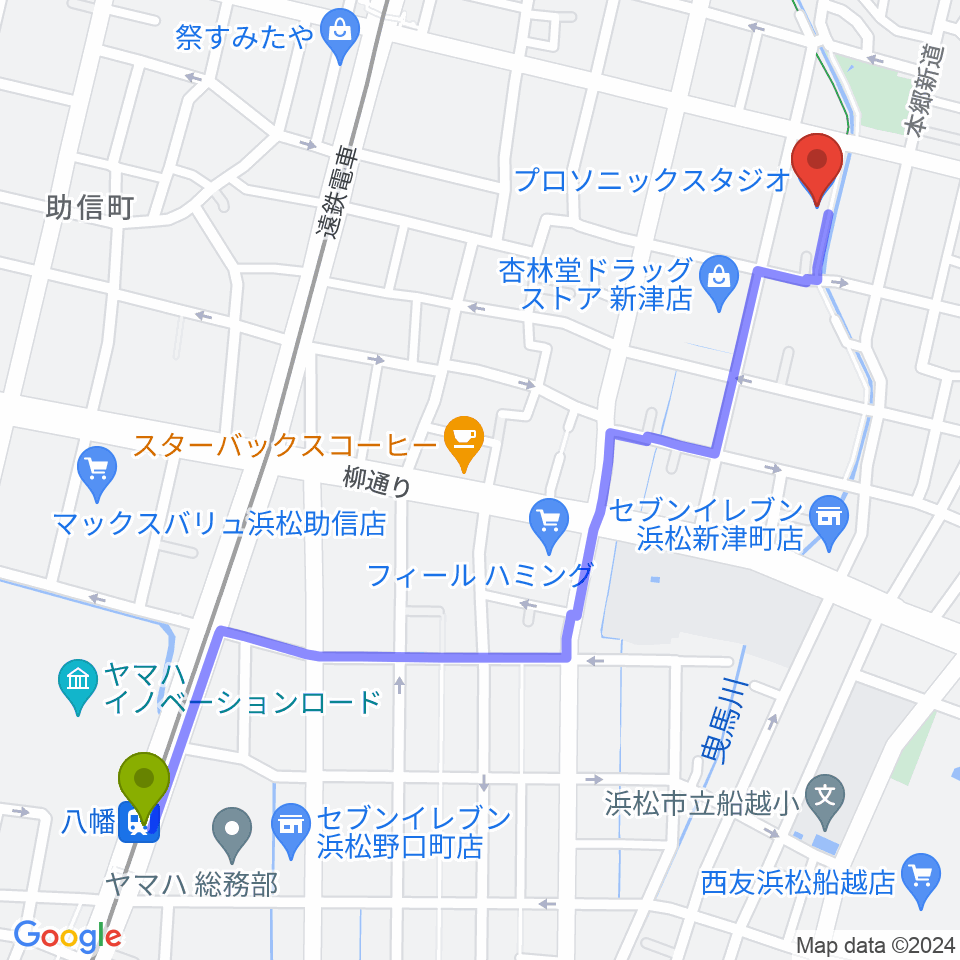 八幡駅から新津プロソニックスタジオへのルートマップ地図