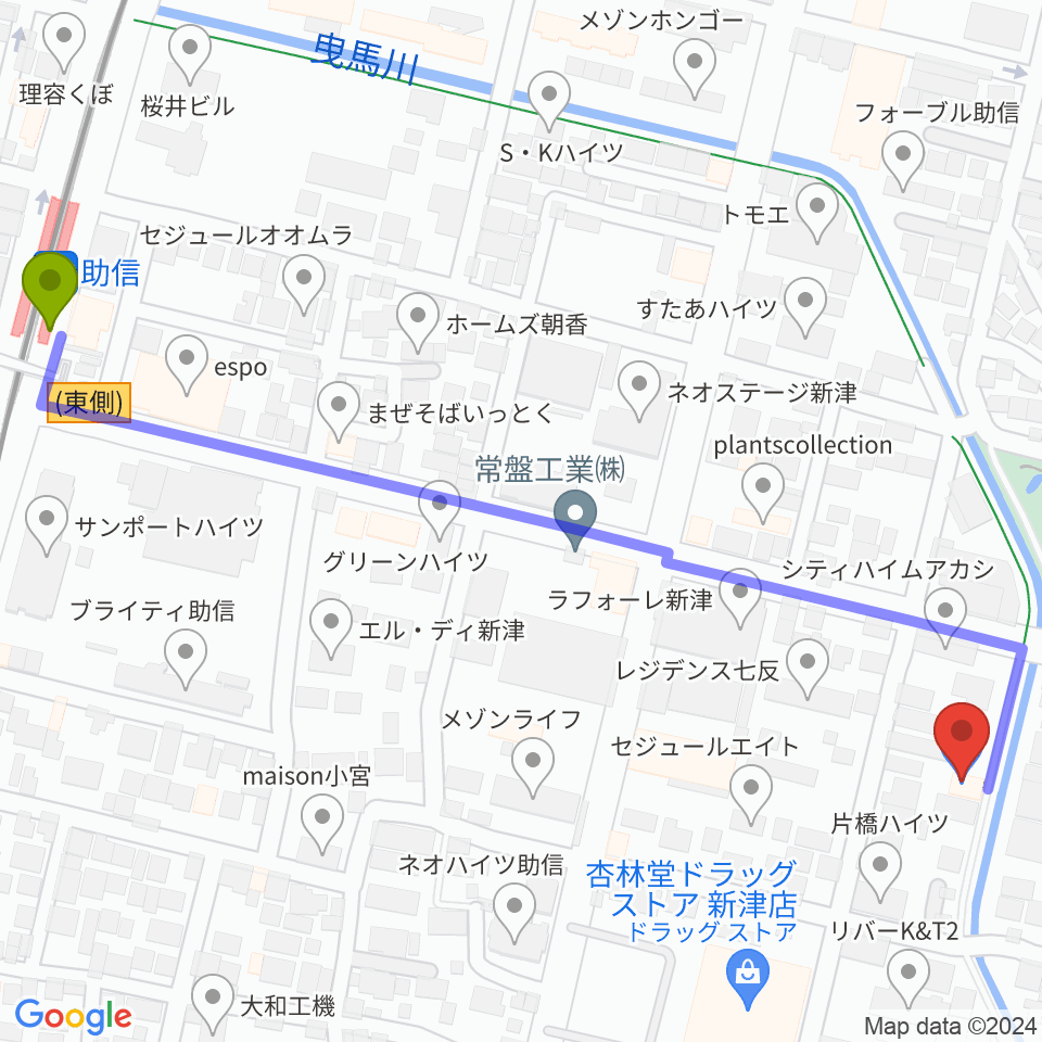 新津プロソニックスタジオの最寄駅助信駅からの徒歩ルート（約8分）地図