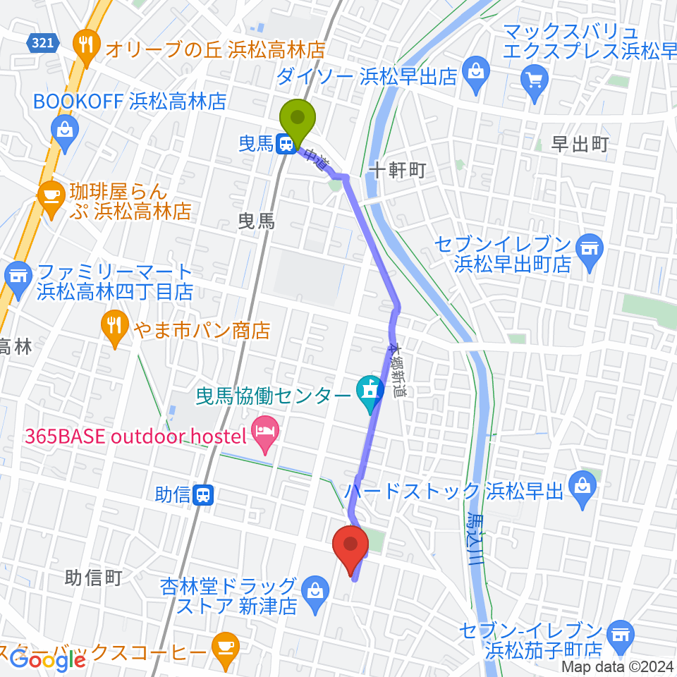 曳馬駅から新津プロソニックスタジオへのルートマップ地図