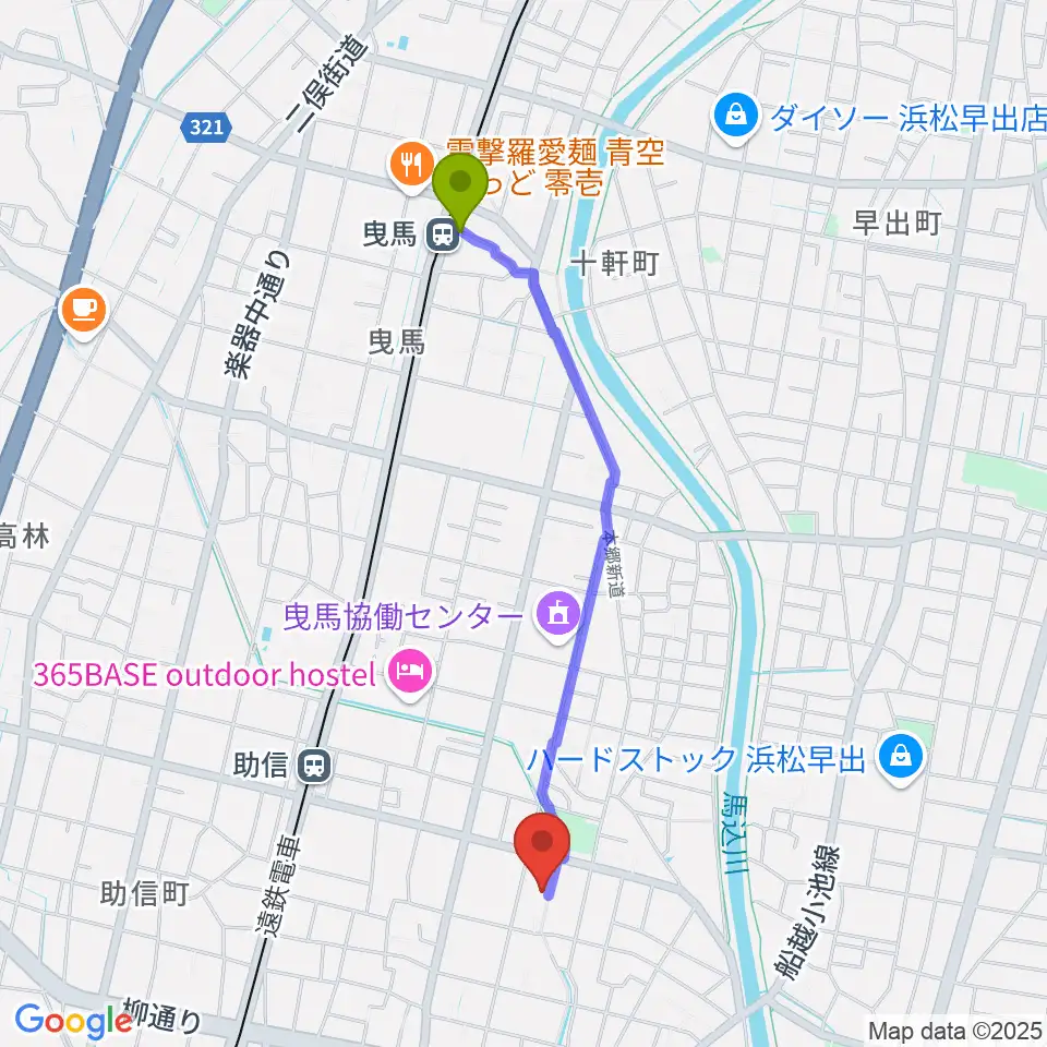 曳馬駅から新津プロソニックスタジオへのルートマップ地図