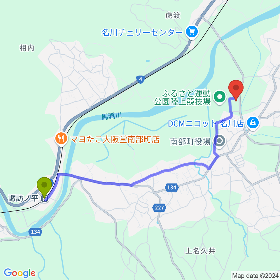 南部町立町民ホール 楽楽ホールの最寄駅諏訪ノ平駅からの徒歩ルート（約45分）地図