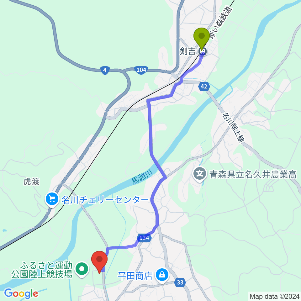 剣吉駅から南部町立町民ホール 楽楽ホールへのルートマップ地図