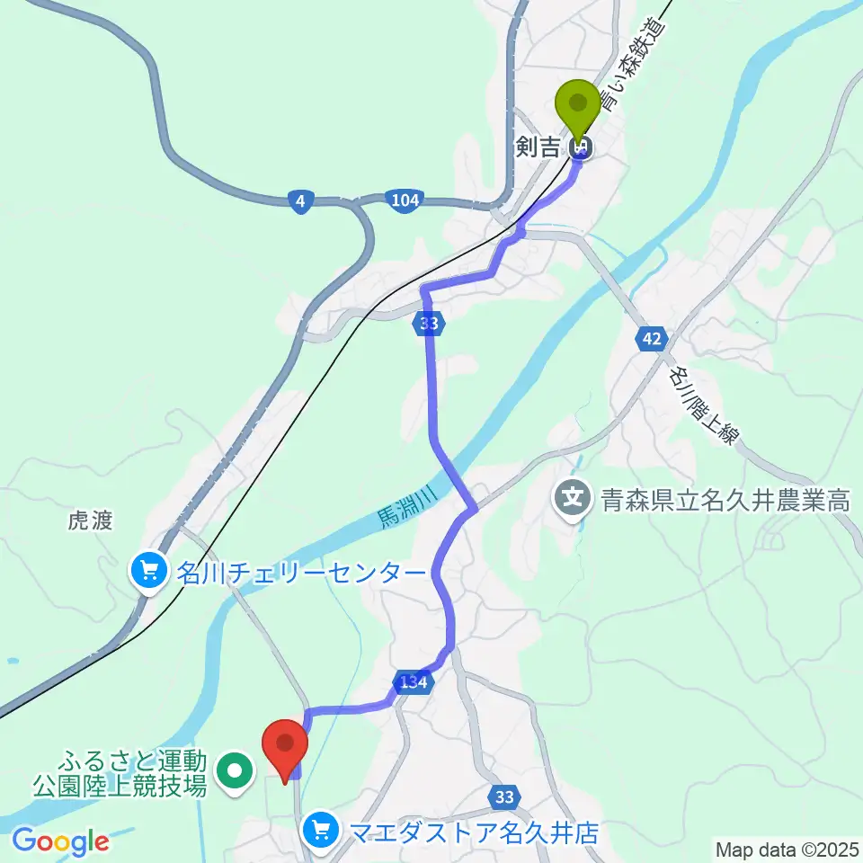剣吉駅から南部町立町民ホール 楽楽ホールへのルートマップ地図