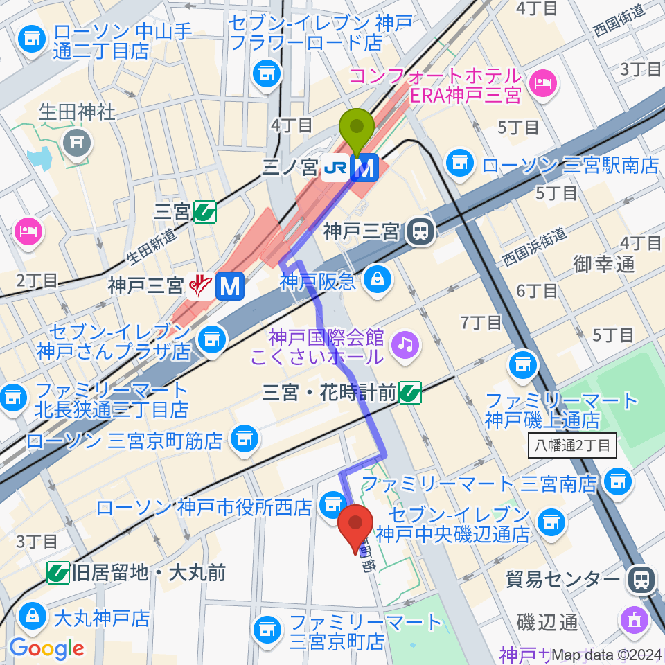 三ノ宮駅から神戸市立中央区文化センターへのルートマップ地図