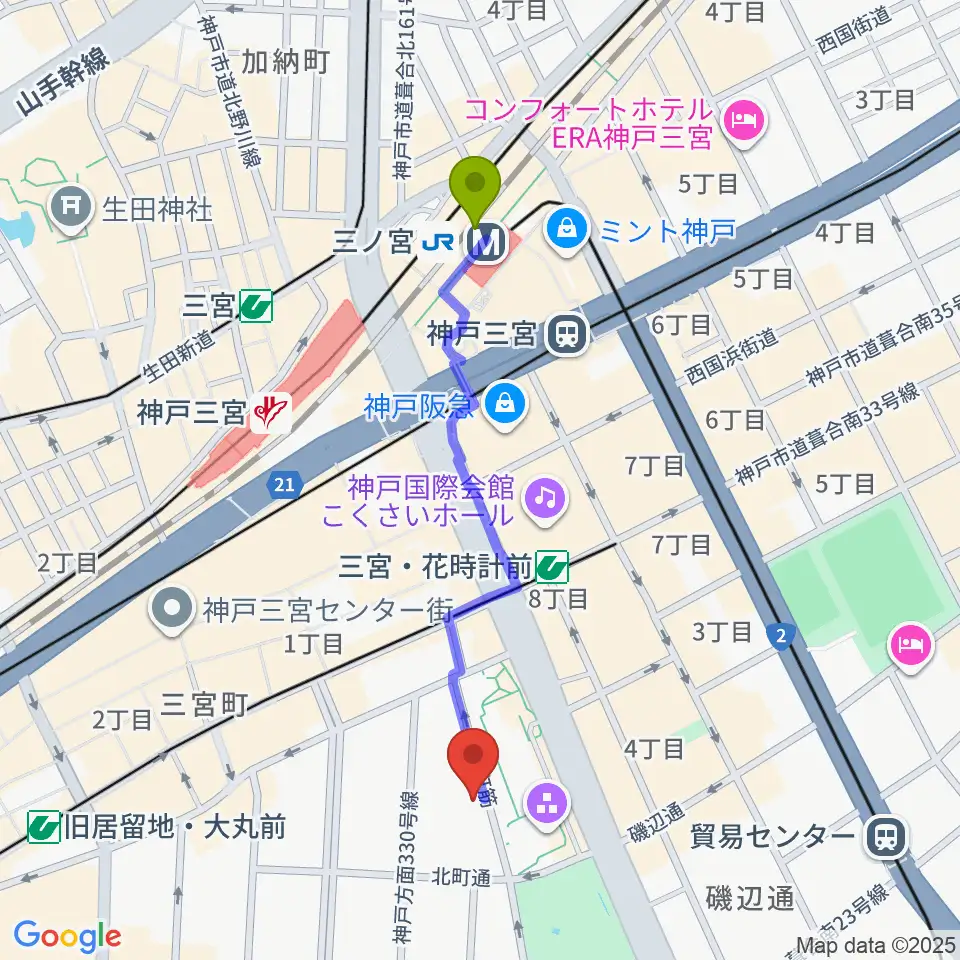 三ノ宮駅から神戸市立中央区文化センターへのルートマップ地図