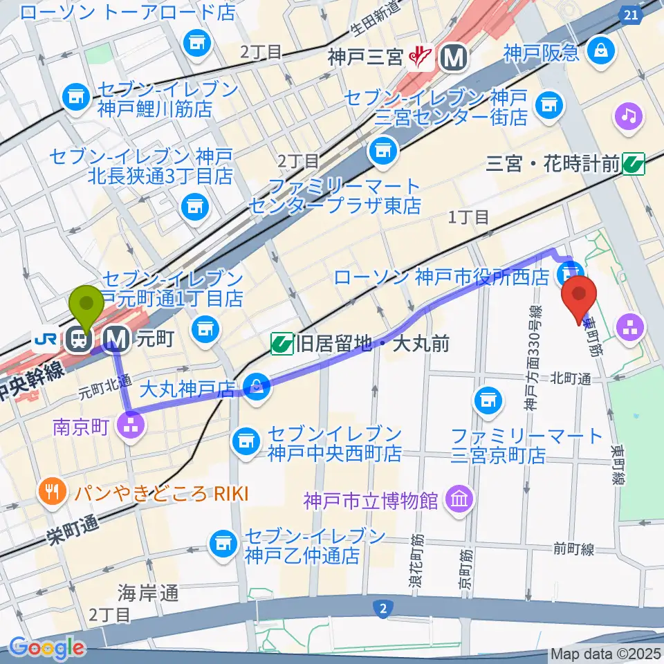 元町駅から神戸市立中央区文化センターへのルートマップ地図