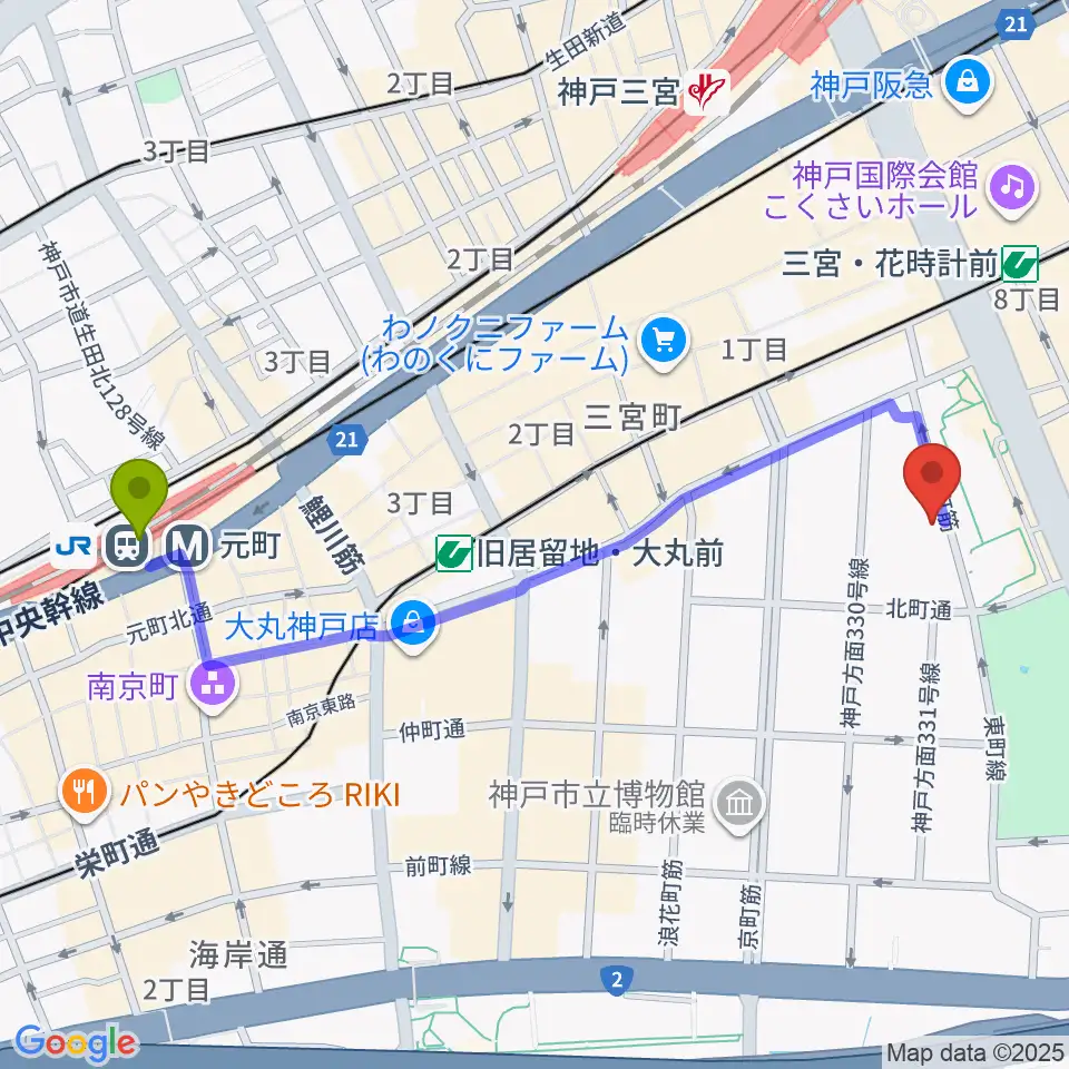 元町駅から神戸市立中央区文化センターへのルートマップ地図