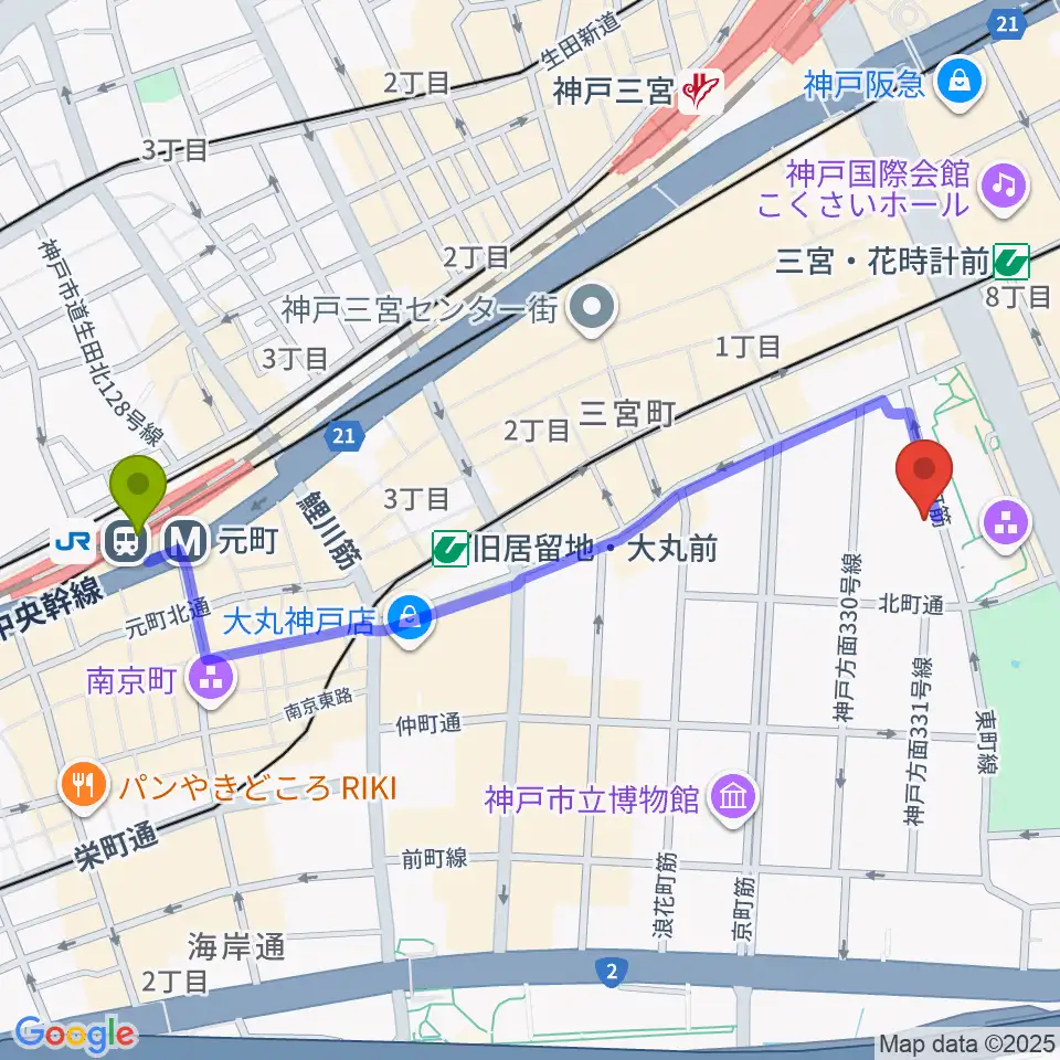元町駅から神戸市立中央区文化センターへのルートマップ地図