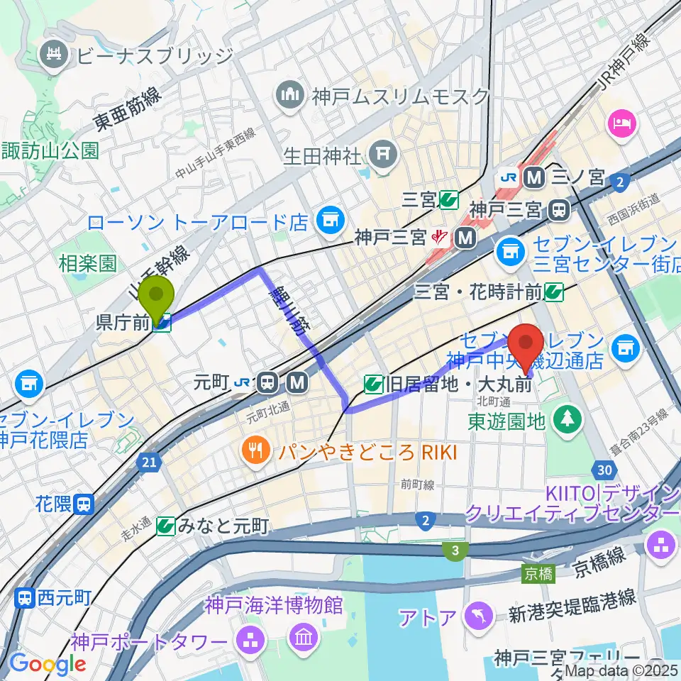 県庁前駅から神戸市立中央区文化センターへのルートマップ地図